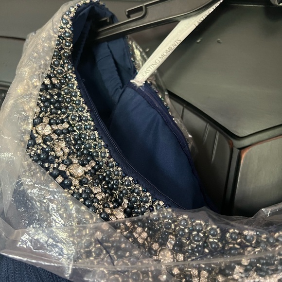 Chic Navy Blue Maxi Dress with Embellished Neckline - Picture 5 of 7